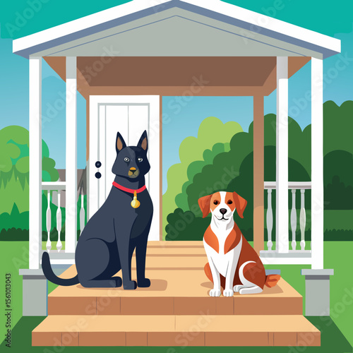Black and brown dogs sitting on porch steps vector