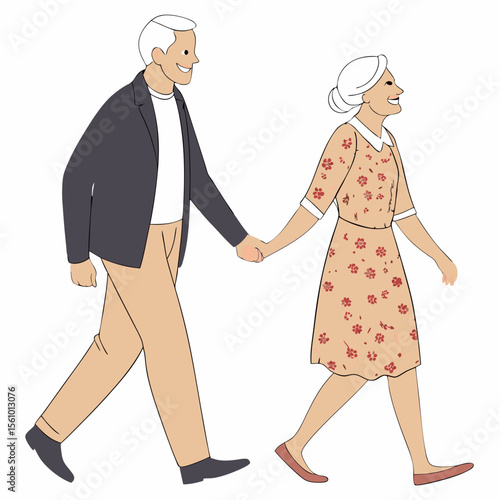 Smiling elderly couple walking hand in hand happy
