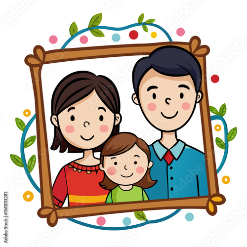 Cheerful family portrait with floral frame and colorful dots leaves