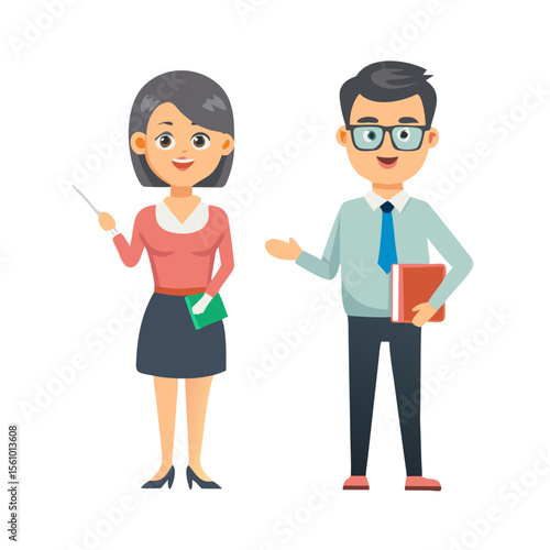 Male and female teachers with books and pointer education teaching