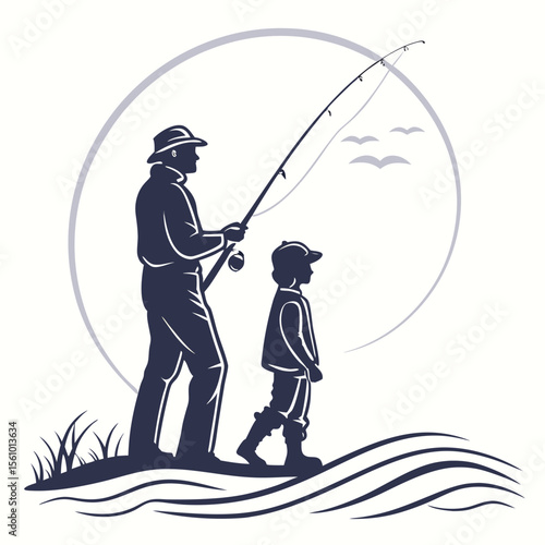 Father and son fishing silhouette by water vector