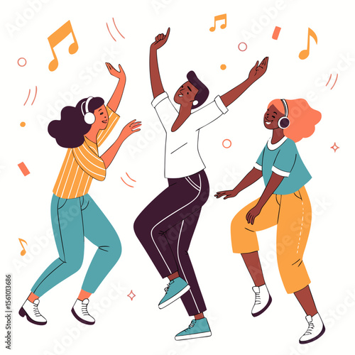 Diverse friends dancing joyfully with music and confetti flat design group