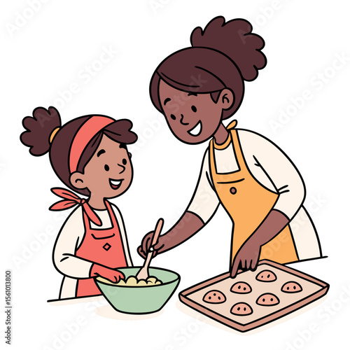 Sisters baking cookies together mixing dough on white background vector