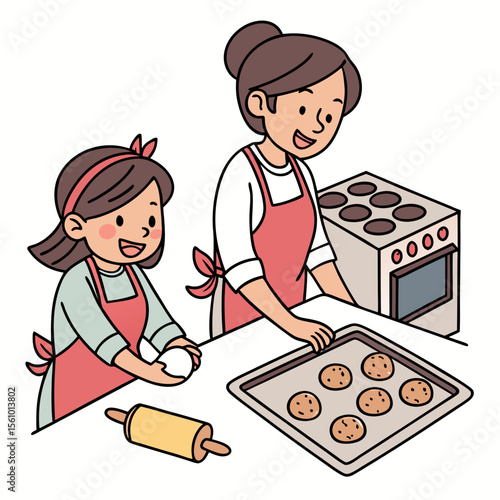 Mother and daughter baking cookies together kitchen