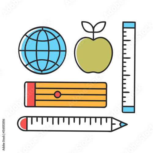 Globe apple pencil ruler and sharpener icons vector