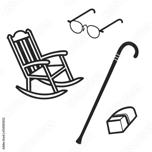 Rocking chair glasses cane and book vintage