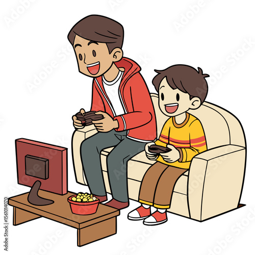 Two boys playing video games together on couch with snacks brothers gaming