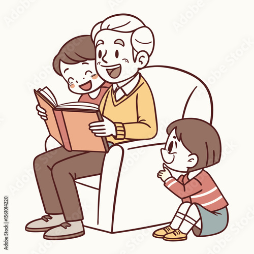 Grandpa reading book to happy grandchildren vector