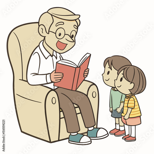 Elderly man reading book to children in armchair grandpa grandchildren
