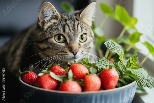 A cute cat perchd next to a bowl of strawberries