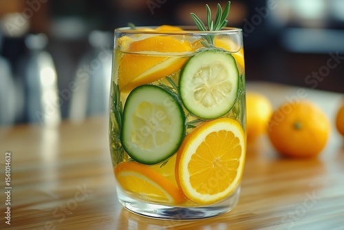 A glass of detox water infused with citrus and herbs