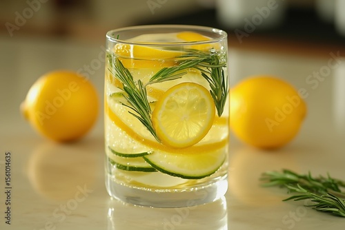 A glass of detox water infused with citrus and herbs