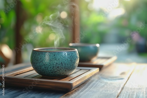Two steaming cups of tea on a wooden coaster
