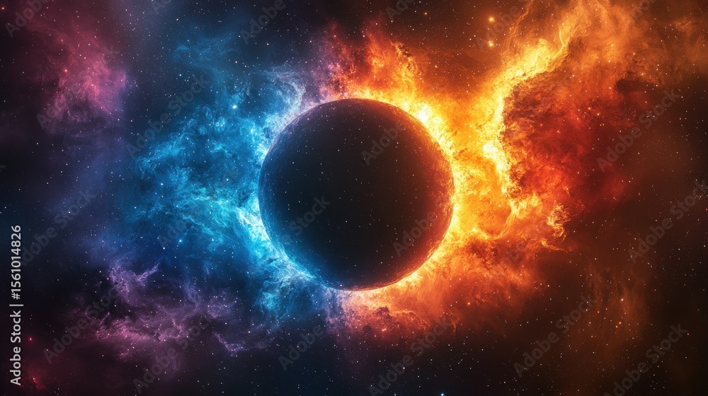 Obraz premium A dark planet surrounded by swirling, fiery, and icy nebulae in deep space