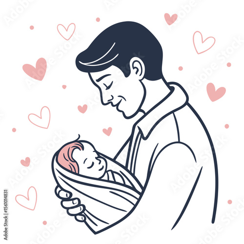 Father holding sleeping baby surrounded by hearts newborn