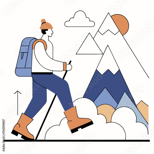 Hiker with backpack trekking through snowy mountains hiking