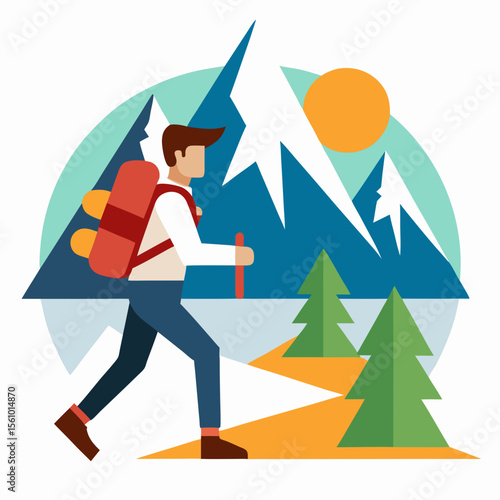 Hiker with backpack trekking through snowy mountains under sun vector