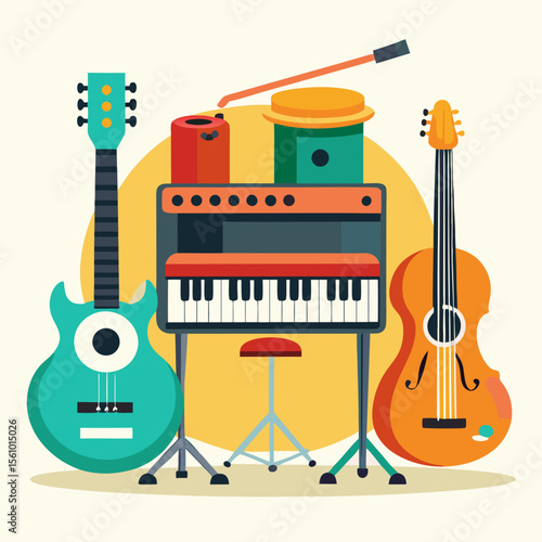 Teal guitar orange cello keyboard drums and stool vector