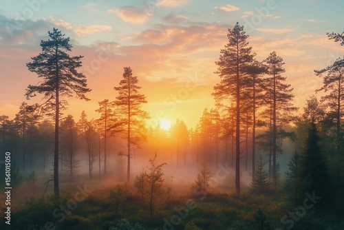 Tranquil sunrise over a misty forest