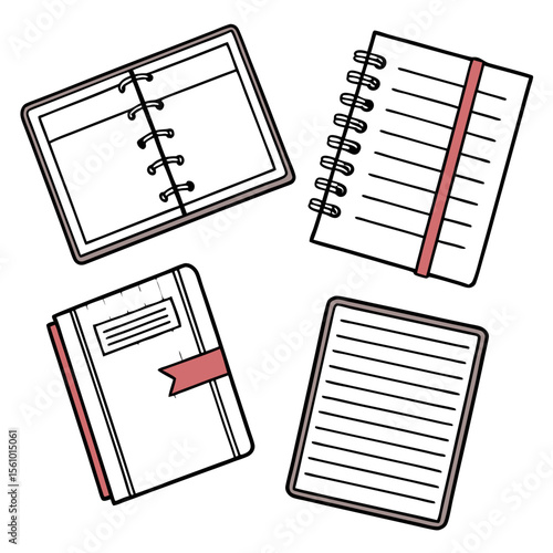 Four notebooks with red accents on white background stationery writing