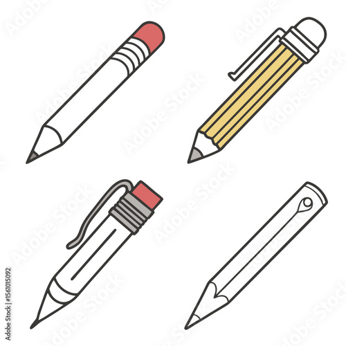 Various pencils with erasers and clips writing drawing