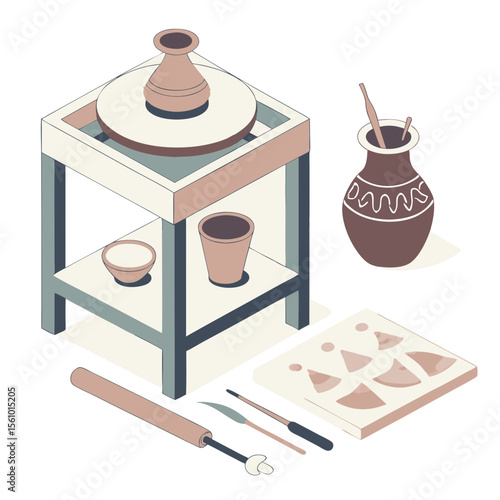 Pottery wheel clay pots and tools studio
