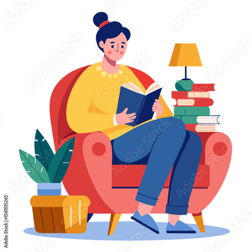 Woman reading book in cozy armchair with plants and lamp vector