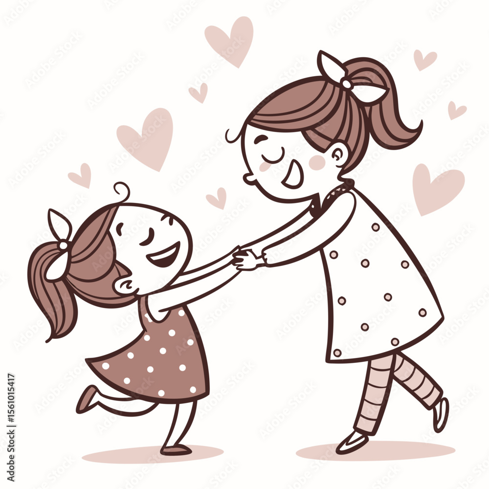 Two happy sisters dancing together with hearts love Two happy sisters dancing together with hearts love