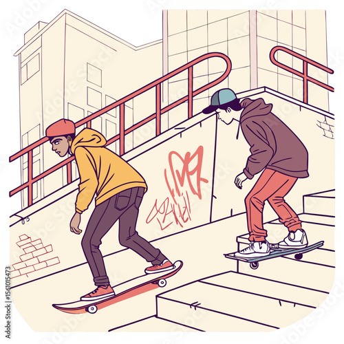 Two boys skateboarding down urban stairs graffiti