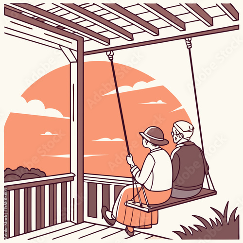 Elderly couple enjoying sunset on porch swing outdoor relaxation