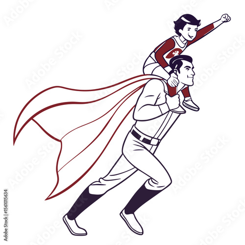 Father and son flying together in superhero costumes cape