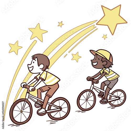 Boys cycling with yellow star trails bicycles stars