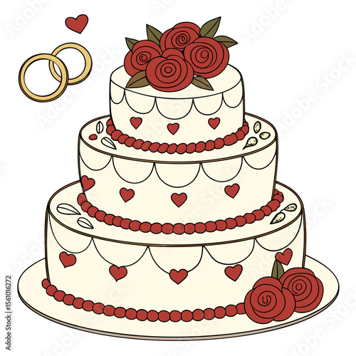 Creamy tiered cake with red roses and golden rings wedding cake anniversary cake