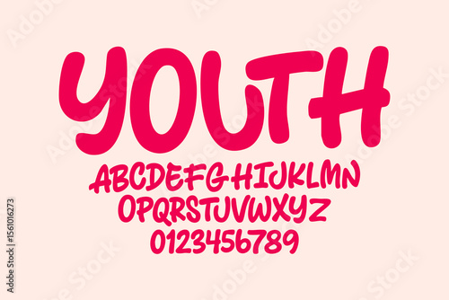 Vector of modern comical font and alphabet. Playful style font design, colorful childish alphabet, letters and numbers vector illustration