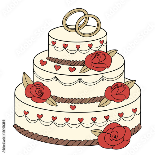 Creamy tiered cake with red roses and golden rings wedding anniversary