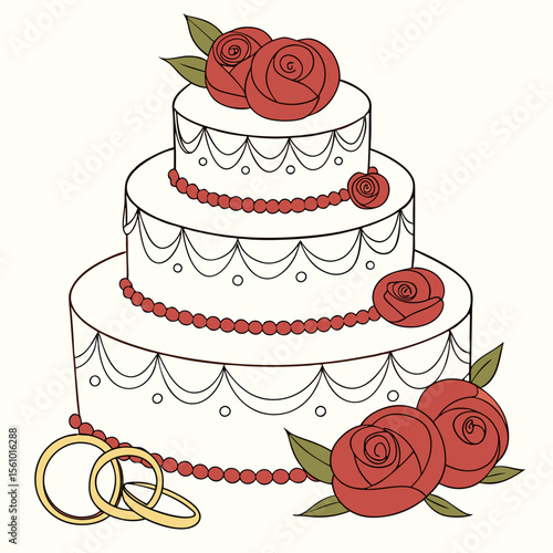 White tiered cake with red roses and gold rings wedding cake anniversary cake