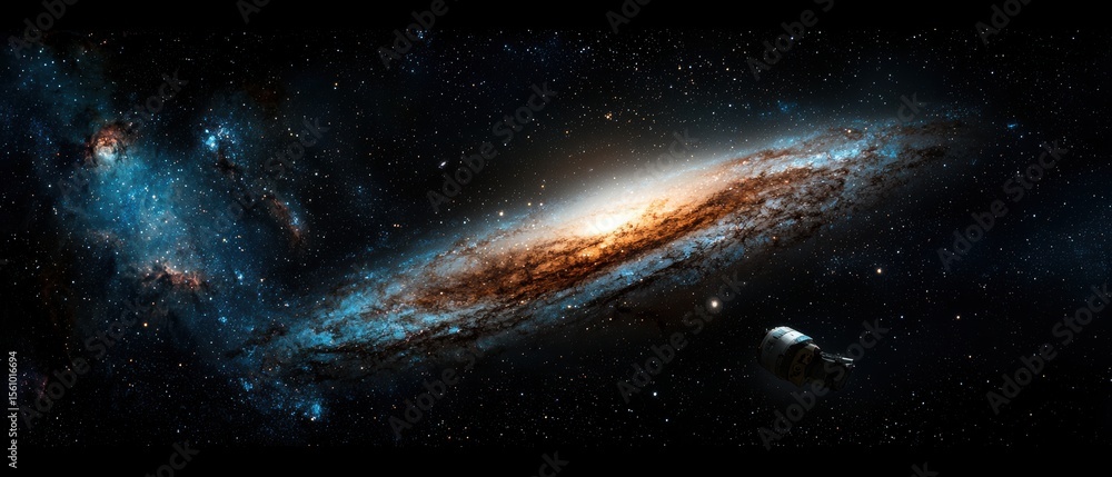 Fototapeta premium Exploring the Mysteries of a Large Galaxy with a Bright Star at its Core and Cosmic Elements Around