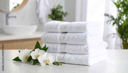 Fresh White Towels  Orchids in a Luxurious Bathroom with Spa, and Clean  Relaxing.