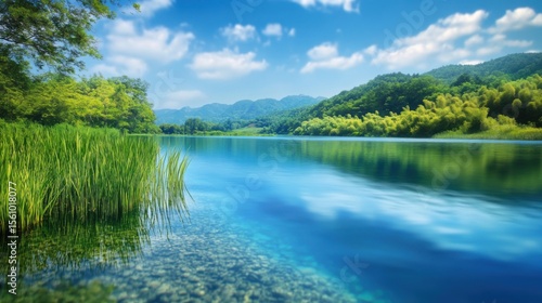 A serene riverside with crystal-clear water reflecting the bright blue sky