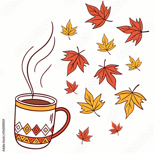 Cozy autumn mug with falling leaves maple leaves