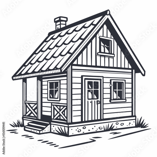 Rustic wooden cabin with porch and chimney house