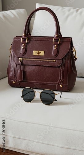 Maroon Leather Handbag with Gold Hardware and Sunglasses on White Couch
