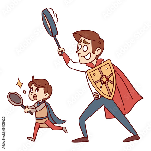 Father and son playing pretend superhero cape shield