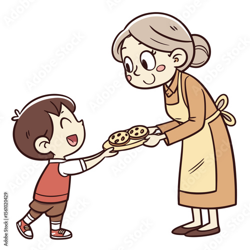 Grandma giving cookies to happy boy cartoon