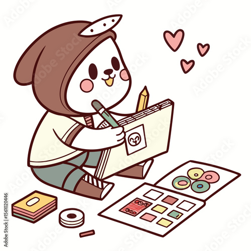 Cute character drawing with colorful art supplies journaling