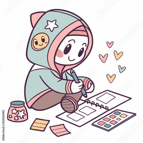 Cute character journaling with pen and stickers scrapbooking
