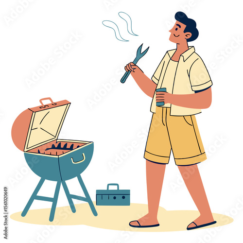 Man grilling with tools and drink barbecue summer