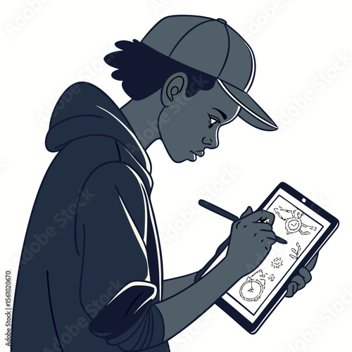 Person drawing on digital tablet with stylus artist