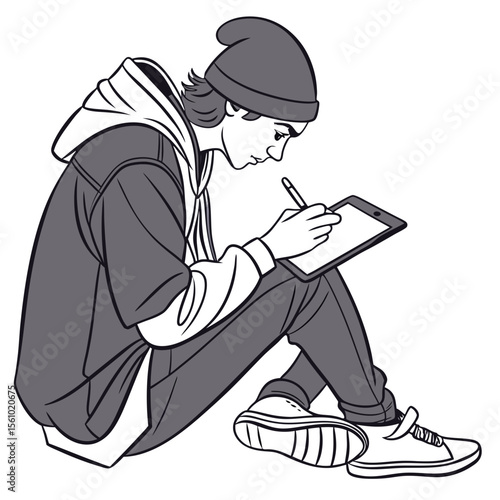Young artist drawing on tablet young person stylus