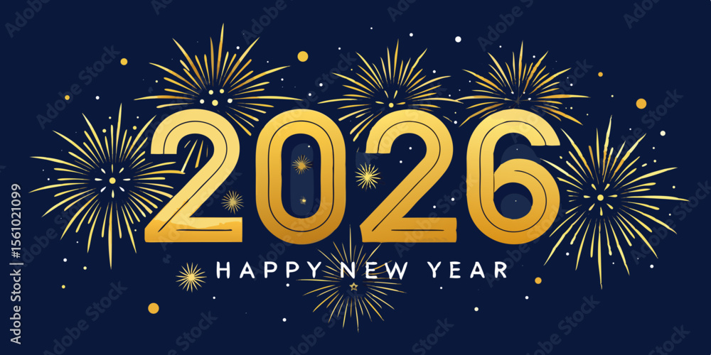 Naklejka premium Golden 2026 happy new year text with fireworks and confetti on dark blue background